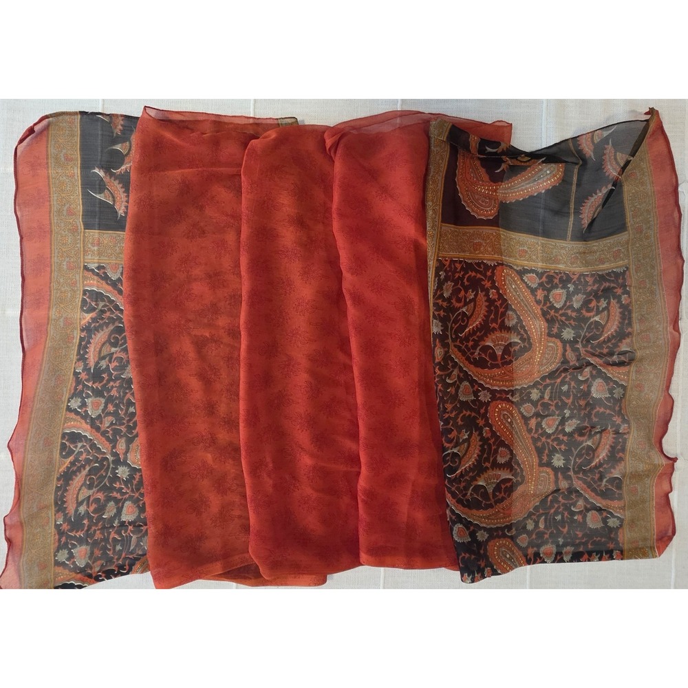 Orange Paisley Floral Sheer Lightweight Rectangular Scarf Black Accents